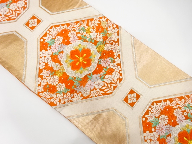 JAPANESE KIMONO / ANTIQUE FUKURO OBI / SILK / WOVEN FLORAL SHOKKO